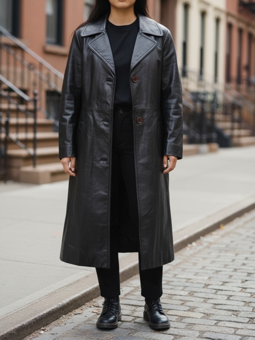 Vintage 70s Retro Funky Black Leather Long Button Up Trench Coat Sz M